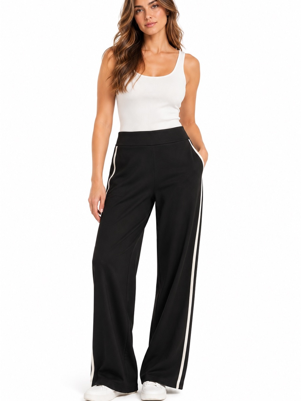 Mango Knit Black Wide-Leg Track Pants with White Side Stripes